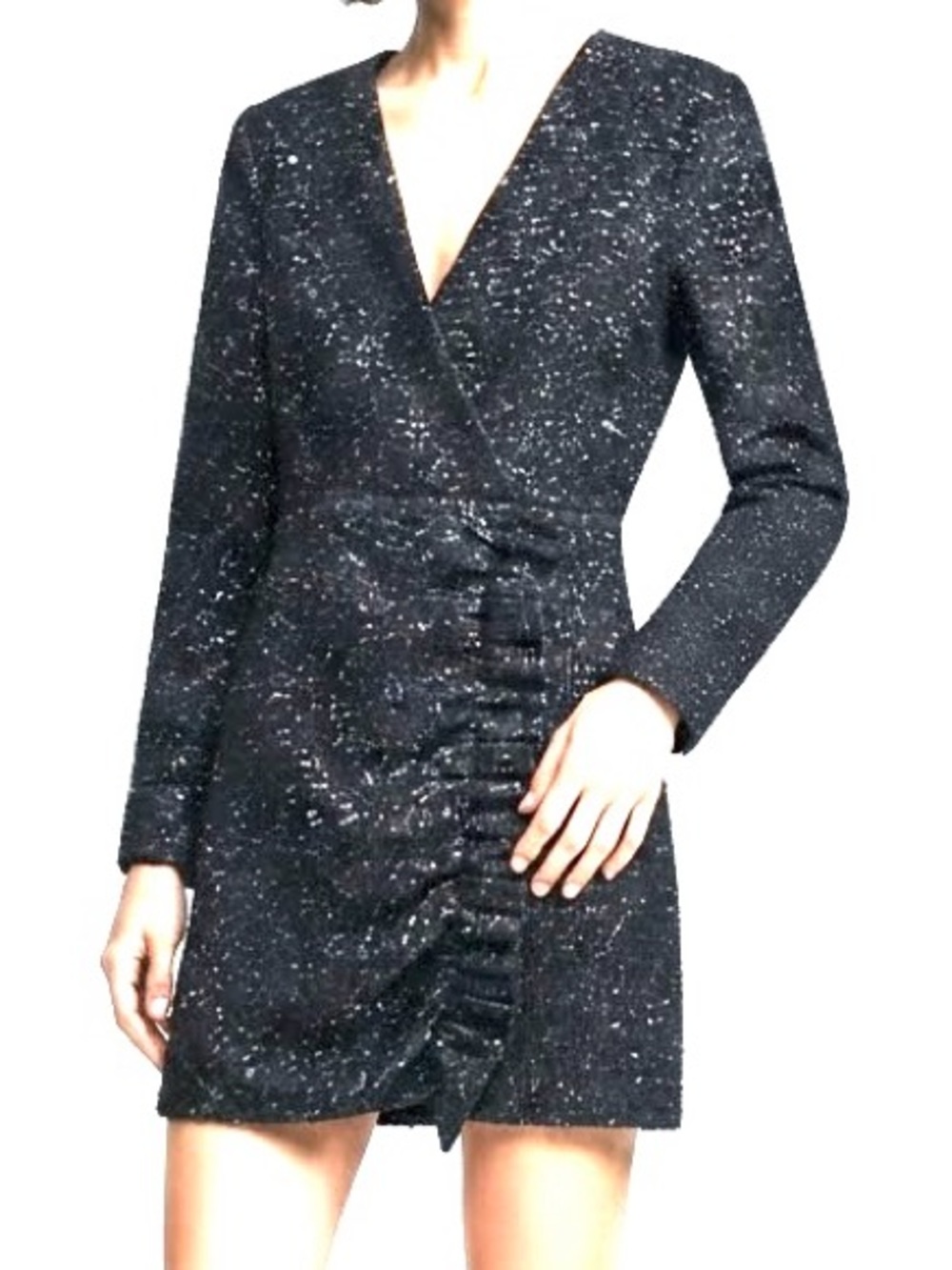 Zara Black Sparkle V-Neck Ruched Mini Dress